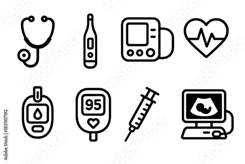 Medical Device Icons. Medical Devices outline icons: stethoscope icon, digital thermometer, blood pressure monitor, glucose meter, heart rate sensor, pulse oximeter, syringe