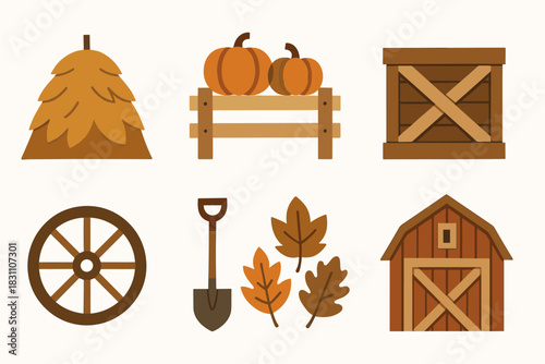 Rustic Farm Icons. Rustic Farm Scene in geometric flat style: haystack, pumpkins on fence, wooden crate, lantern, wagon wheel, autumn leaves, shovel, barn door