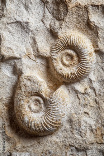 Fossils of ammonites showcasing intricate patterns on a limestone slab discovered in nature