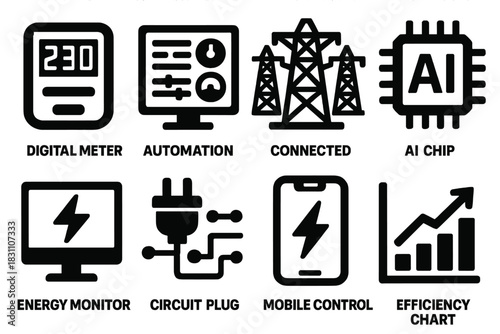 Smart Energy Icons. Smart Voltage Control silhouette set: digital meter, automation dashboard, connected grid, AI chip, energy monitor, circuit plug, mobile control app, efficiency