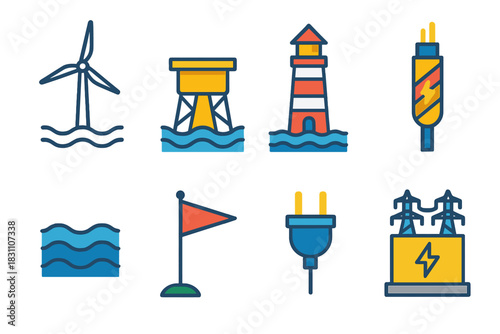 Offshore Energy Icons. Offshore Wind modern flat vector icons: ocean turbine, platform base, lighthouse, energy cable, waves, wind direction arrow, power plug, substation