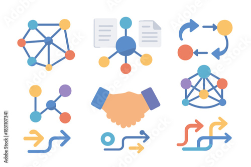 Modern Network Icons. Strategic Connectionsset icons in modern isometric flat vector style: web of dots, central hub network, plan document, arrows linking circles, relationship