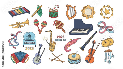 Musical Instruments Assortment: A diverse ensemble of musical instruments in a charming collection, showcasing the rich variety of sounds and artistic expressions.