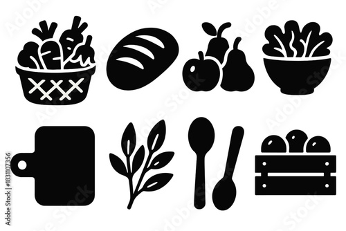 Brutalist Farm Icons. Farm-to-Table Meal silhouette set: basket of vegetables, loaf of bread, fresh fruit, salad bowl, cutting board, herbs, wooden spoon, harvest crate