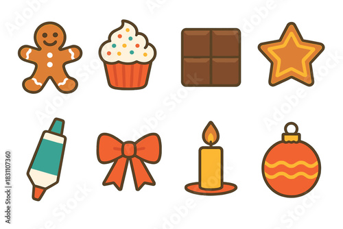 Festive Treats Icons. Festive Treats modern flat vector icons: gingerbread man, frosted cupcake, chocolate square, star cookie, icing tube, ribbon, candle, ornament