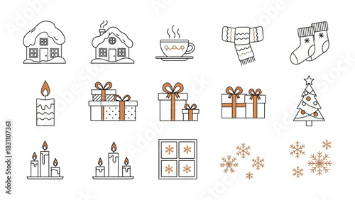 Holiday Icon Set: A collection of meticulously crafted icons, each a symbol of the holiday spirit, designed with simplicity. From snow-dusted houses to cozy scarves and flickering candles.