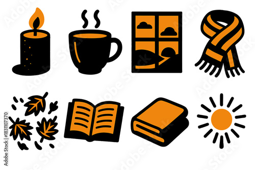 Brutalist Fall Icons. Peaceful Fall silhouette set: candle, cup of tea, window view, scarf, falling leaves, open book, blanket, candlelight glow