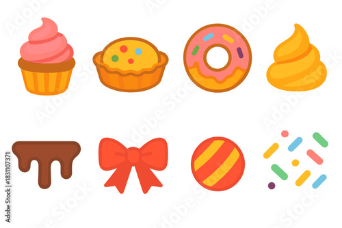 Vibrant Festive Baking Icons. Festive Baking modern flat vector icons: cupcake, tart, donut, icing swirl, chocolate drizzle, ribbon bow, candy decoration, sprinkles