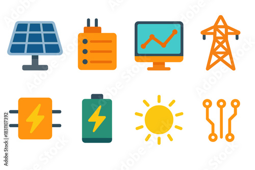 Solar Energy Icons. Photovoltaic Technology modern flat vector icons: solar cell, micro inverter, data monitor, power grid, energy converter, battery icon, sunlight beam, circuit