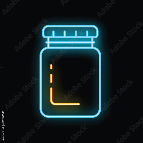Bright glowing neon icon of a pill bottle with vitamins on black background