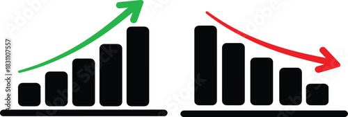 Growth chart icons set. Business growth success chart isolated on white background. Bar chart symbol icon with arrow moving down and sales bar chart with arrow moving up.