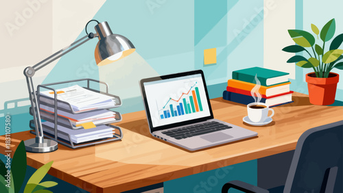 This modern, colorful illustration depicts an organized office workspace: a desk holds a computer, printer, and stationery, paired with an office chair, while a cabinet, professional interior.