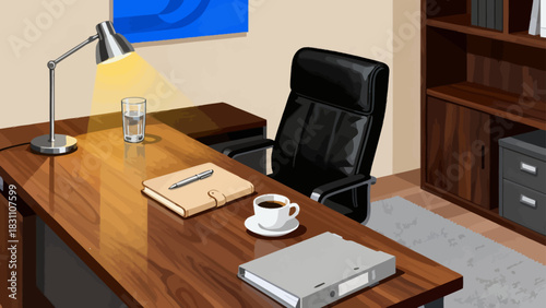 This modern, colorful illustration depicts an organized office workspace: a desk holds a computer, printer, and stationery, paired with an office chair, while a cabinet, professional interior.