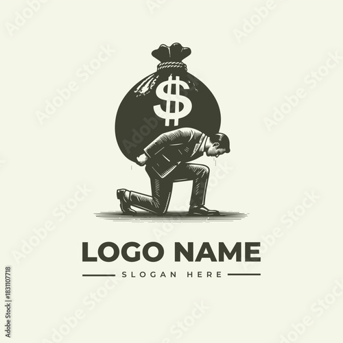 Burdened Businessman Vector Logo Illustration with Engraving of Financial Strain