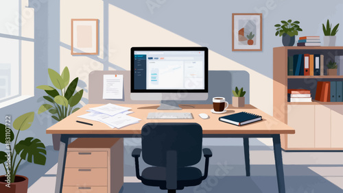 This modern, colorful illustration depicts an organized office workspace: a desk holds a computer, printer, and stationery, paired with an office chair, while a cabinet, professional interior.