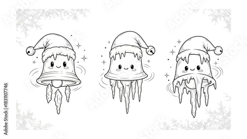 Winter Bell Wonderland: A whimsical trio of winter bells, adorned with Santa hats and icicle accents, embodying the enchantment of the season in delicate line art.
