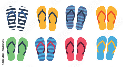 A vibrant collection of eight colorful pairs of summer flip-flops, featuring various designs and patterns, perfect for beach holidays and warm weather.