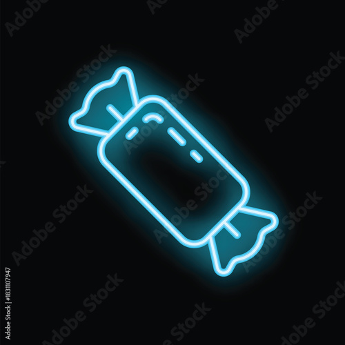 Blue neon sign depicting a wrapped candy, glowing on a black background