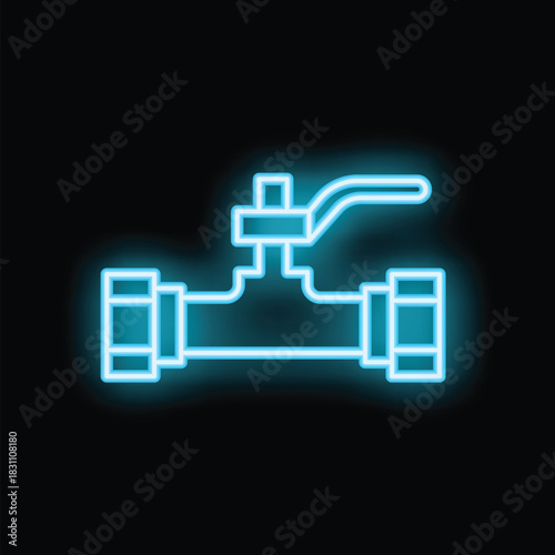 Neon blue water valve icon glowing on black background, plumbing service concept