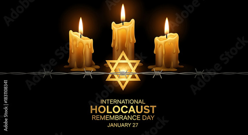 Tableau sur toile Three lit candles and a star of david symbolize remembrance and the holocaust me