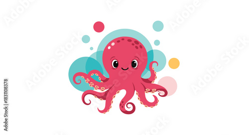 Cute cartoon pink octopus smiling surrounded by colorful bubbles on a white background, a playful vector illustration.