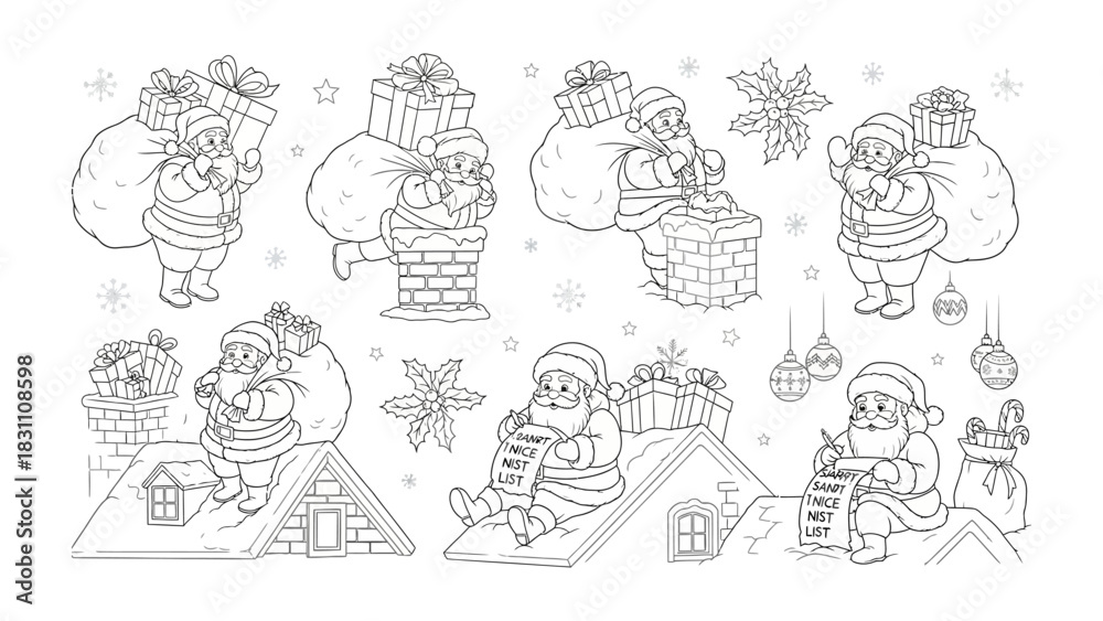 Obraz premium Santa's Christmas Preparations: A collection of delightful sketches showing Santa Claus preparing for the holidays, encompassing gift-laden sacks, chimney climbs, list-making, and rooftop planning.