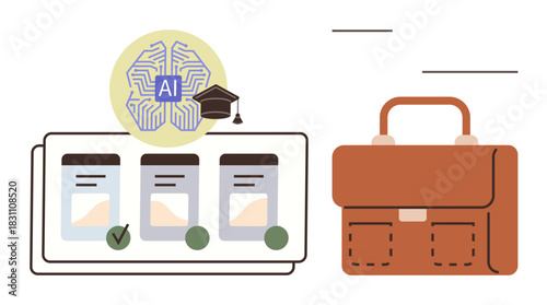 Brain labeled with AI, academic cap, documents with checkmarks, briefcase. Ideal for AI, education, technology, business automation professional training task management innovation. Simple flat