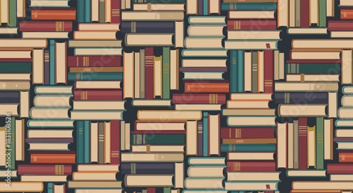 An intricate seamless pattern of stacked and shelved books, presenting a rich tapestry of colors and textures, perfect for literary themes.