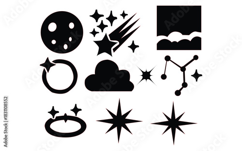 Variety of black isolated night space astrology cosmos signs stars illustration