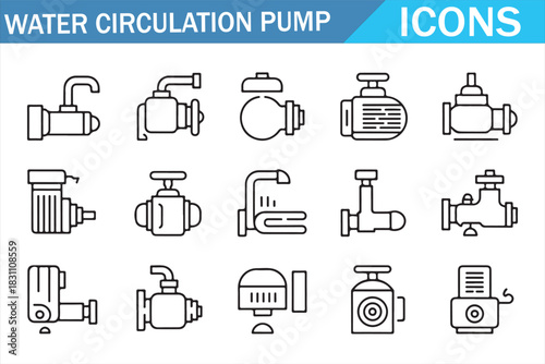 Factory and Utility Water Pump Line Icons for Infographics
