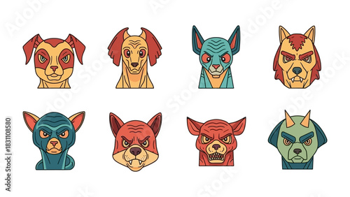 Animalistic Avatars: A vibrant collection of stylized animal head illustrations, showcasing a variety of expressions and designs, perfect for creative projects.