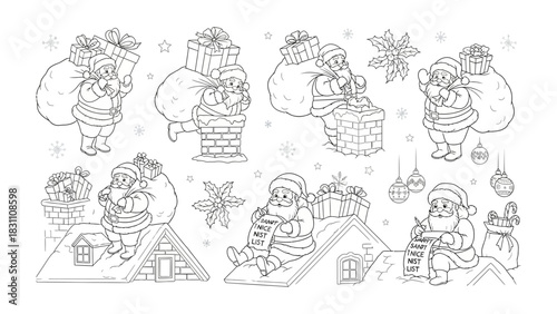 Santa's Christmas Preparations: A collection of delightful sketches showing Santa Claus preparing for the holidays, encompassing gift-laden sacks, chimney climbs, list-making, and rooftop planning.