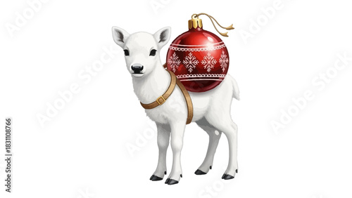 Festive Deer with Ornament: An adorable white deer adorned with a festive red ornament, ready to deliver holiday cheer, evoking a sense of joy and the magic of the season.