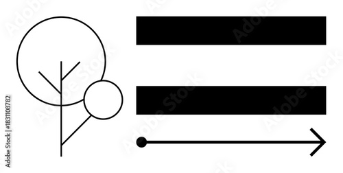 Abstract tree design with circular elements, two bold horizontal bars, and arrow indicating direction. Ideal for growth, progress, direction, minimalism, creativity decision-making nature. Simple