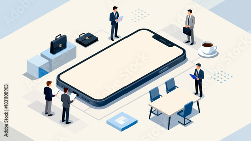 This isometric illustration depicts a modern business scene: businesspeople in suits gather around an oversized smartphone, surrounded by office items and data graphics, digital collaboration.