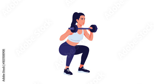A determined young woman performs a front squat with a barbell, focusing on strength training and maintaining proper form during her workout.