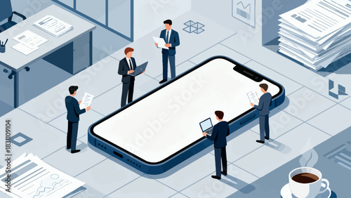 This isometric illustration depicts a modern business scene: businesspeople in suits gather around an oversized smartphone, surrounded by office items and data graphics, digital collaboration.
