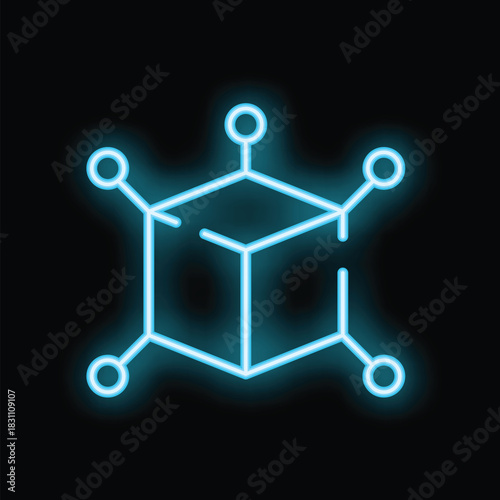 Glowing neon blue blockchain cube is connecting with circles on black background