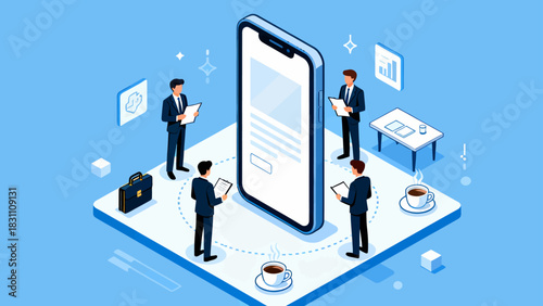 This isometric illustration depicts a modern business scene: businesspeople in suits gather around an oversized smartphone, surrounded by office items and data graphics, digital collaboration.