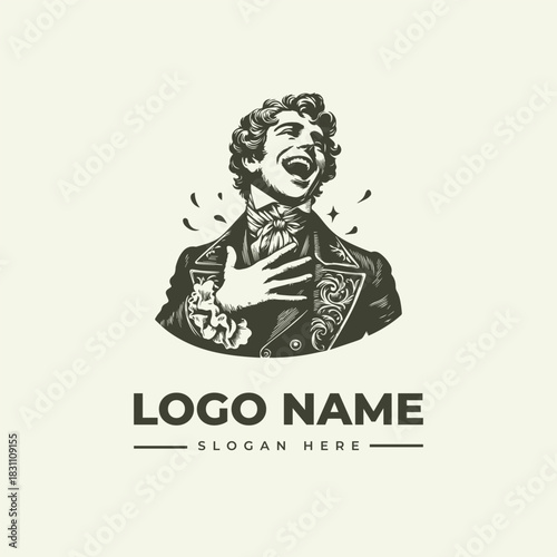 Engraving Style Vector Logo Illustration of a Laughing Man with a Logo Name and Slogan Here