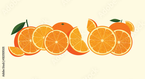 A vibrant collection of whole and sliced oranges with green leaves, arranged horizontally on a light background.