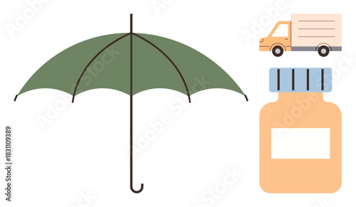 Green umbrella, orange delivery truck, medicine bottle with label. Ideal for protection, logistics, healthcare, insurance, supply chain pharmaceutical preventive care. Simple flat metaphor