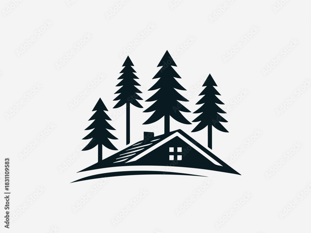 Obraz premium Pine Tree With Roof black vector logo illustration