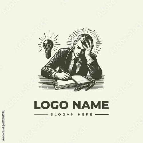 Vector Logo Illustration Engraving of Man Stressed with Creative Block