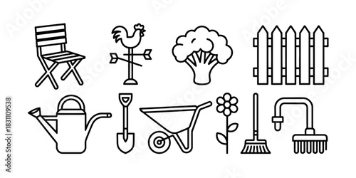A collection of garden related icons including tools plants and accessories
