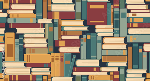 A colorful and eclectic collection of books, both stacked and standing, forms a seamless pattern, symbolizing knowledge, education, and literature.