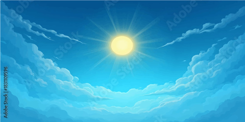 Bright blue sky with sun and white clouds for a beautiful summer day