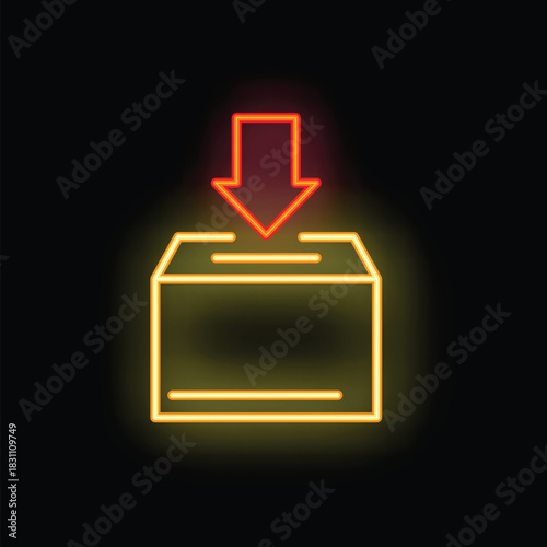 Red and yellow neon downloading symbol on a black background, great for technology and social media concepts