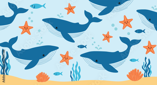 A cheerful ocean pattern features blue whales, smiling orange starfish, and small fish swimming among colorful marine plants.