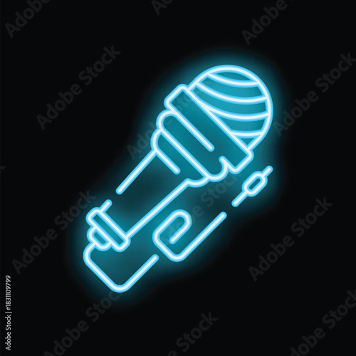 Vibrant neon microphone icon glowing on a dark background, capturing the essence of music, podcasts, and audio recording